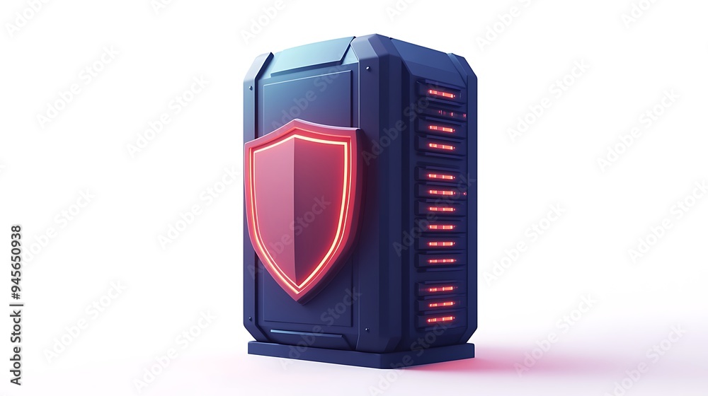Poster a high-tech server with a shield icon, representing data security and protection, isolated on a whit