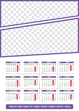 Wall calender design template for 2025 with 12 months