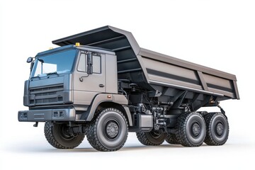 Obraz premium A gray dump truck with an open bed for transporting materials.