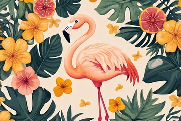 Cute tropical pattern featuring playful flamingos surrounded by palm leaves and colorful flowers.