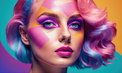 Fototapeta premium A woman with pink and blue hair poses for a photo with bold makeup and colorful geometric shapes painted on her face