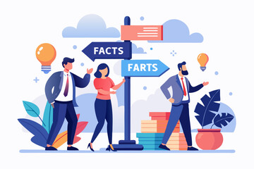 Fact vs Myth, truth or false information to make decision, belief or fiction to choose to believe, trustworthy, fraud or wrong direction concept, business people at Facts vs Myths directional sign.
