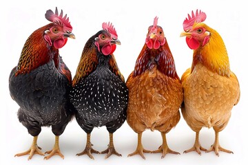 Fototapeta premium A variety of chickens in a lush green meadow, showcasing different breeds and colors. The scene captures the chickens pecking at the ground, with vibrant feathers contrasting against the soft grass, a