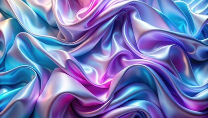 Close-up of luxurious silk fabric displaying beautiful iridescent colors of pink and blue. The soft folds and flow create an elegant texture with smooth curves and shines.