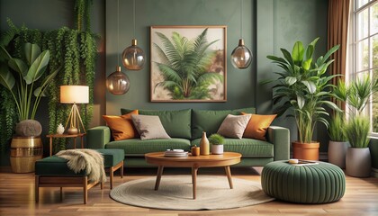 A contemporary living room showcasing a green color palette, vibrant plants, and elegant furnishings to create a welcoming and stylish interior space.
