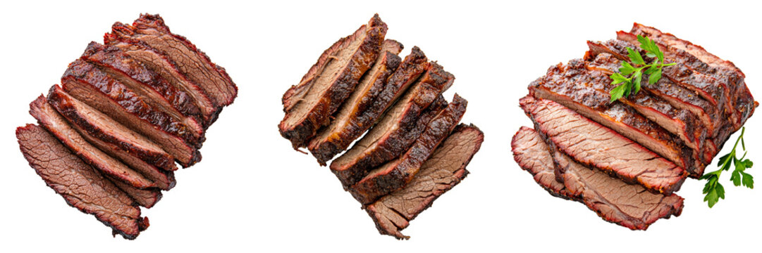 Tender and juicy beef brisket slices arranged perfectly for a mouthwatering meal isolated on transparent background