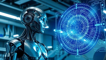 Metal Robot watching new hologram tech upgrade 