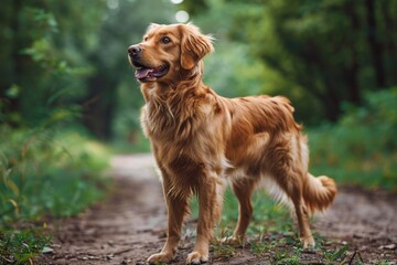 the dog stands sideways on the path in the  park