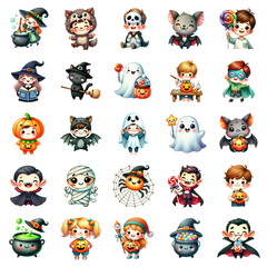 Obraz premium Collection of adorable Halloween characters dressed in a variety of costumes, including witches, ghosts, vampires, and pumpkins.