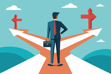 Career decision, choosing direction choices for future opportunity, different path to success, decide or progress options for career growth concept, businessman running to different arrow pathway.
