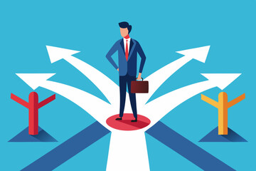 Career decision, choosing direction choices for future opportunity, different path to success, decide or progress options for career growth concept, businessman running to different arrow pathway.
