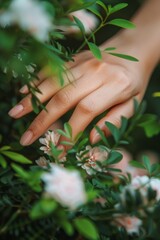A close-up of a hand gently touching delicate flowers in a lush green garden during a sunny afternoon