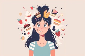 Eating disorder illustration concept. Girl cleaning up after a meal. bulimia