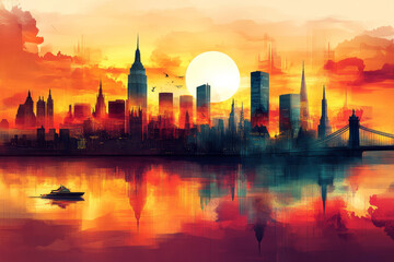 Fototapeta premium Abstract travel with sleek lines and global landmarks in a vibrant, geometric layout,