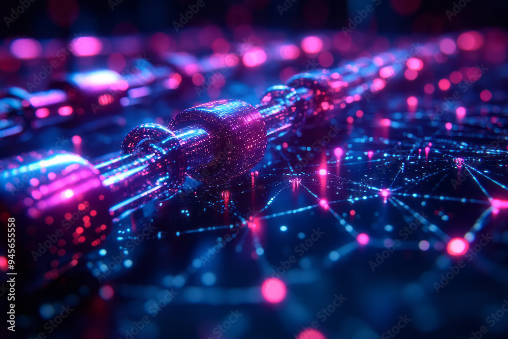 Poster abstract cybersecurity with sleek locks and vibrant, interconnected lines,