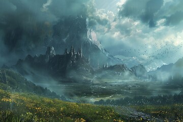 Fototapeta premium Dreamlike Realms: Create a captivating fantasy landscape that seamlessly blends real and imagined elements. Picture lush, rolling hills adorned with vibrant, oversized flowers next to majestic mountai