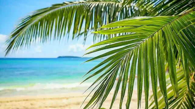 a palm tree  and  the beach  in the background