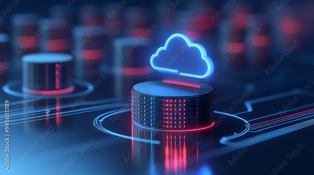 Poster digital cloud computing and database server concept with neon blue and red lights, symbolizing moder