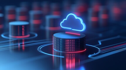 Digital cloud computing and database server concept with neon blue and red lights, symbolizing modern data storage solutions.