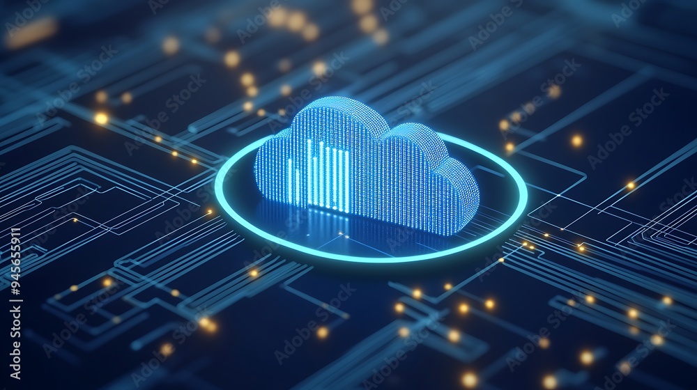 Poster digital cloud computing concept with futuristic background and network connections, symbolizing data