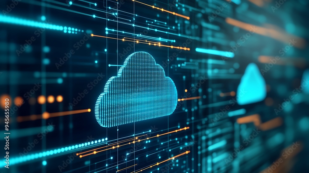 Poster digital cloud computing concept with virtual elements, data storage and futuristic information techn