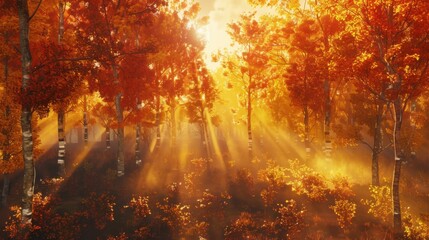 Backlit landscape in the red forest in autumn
