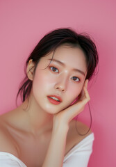 Graceful Korean Model with Smooth Skin and Subtle Makeup on a Pink Background