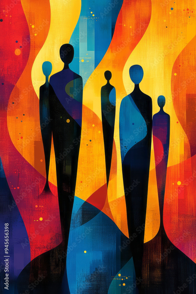 Aufkleber Abstract teamwork with sleek figures and geometric patterns in a vibrant design,