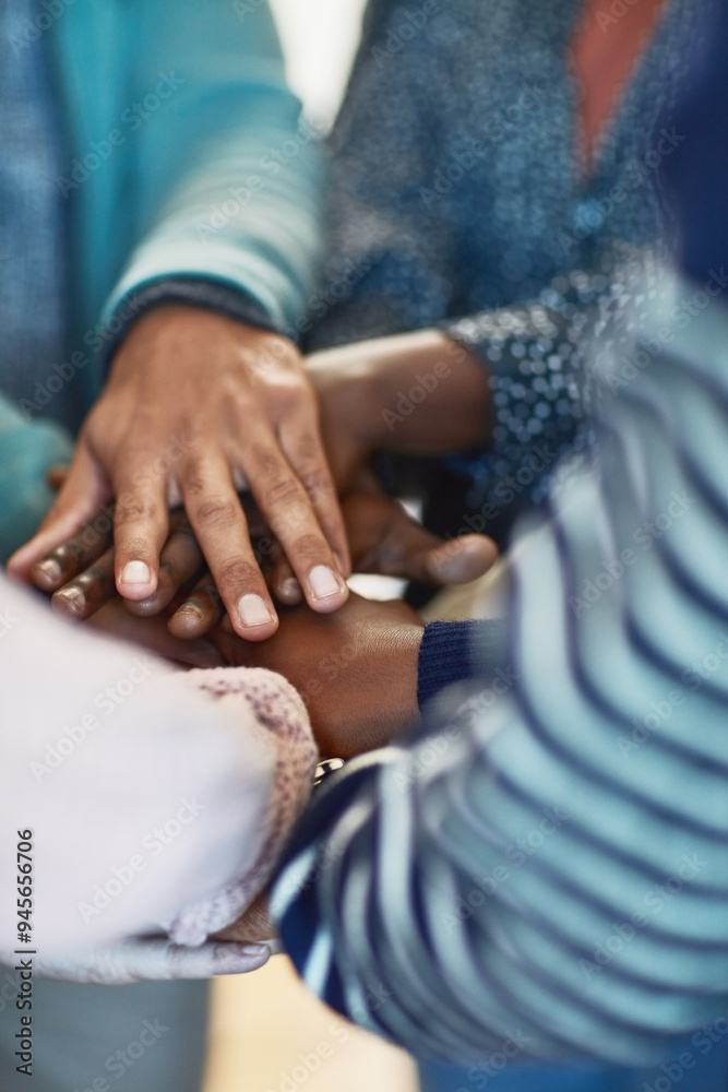 Aufkleber students, hands and people in huddle for education, knowledge or test preparation in college. univer