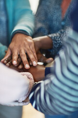 Obraz premium Students, hands and people in huddle for education, knowledge or test preparation in college. University, friends and unity with support for help, project collaboration and scholarship teamwork