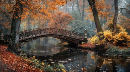 An arch bridge over the forest river in autumn