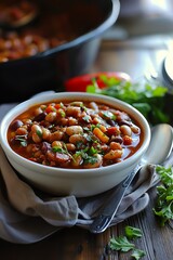 A hearty bowl of vegetable and bean chili garnished with fresh herbs served on a rustic wooden table