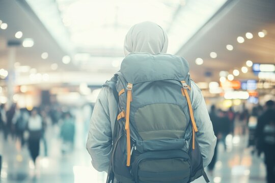 A woman traveler with a large backpack stands in a busy airport terminal hall, preparing for her journey, surrounded by a crowd, emphasizing the excitement of travel. - Powered by Adobe