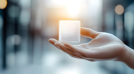 A holographic digital wallet hovering above a hand symbol