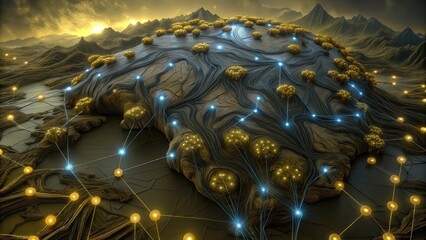 Fototapeta premium Abstract Network of Golden Nods on a Wavy Terrain