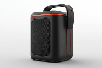 Obraz premium A modern portable black speaker featuring red accents, a handle for easy transport, and a sleek design perfect for outdoor and indoor use.