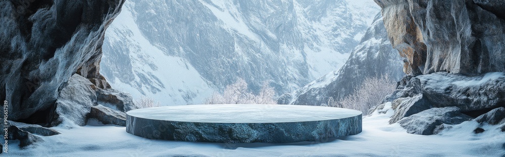 Aufkleber abstract 3d render of a winter scene featuring a natural stone podium set in a snowy mountain cave i