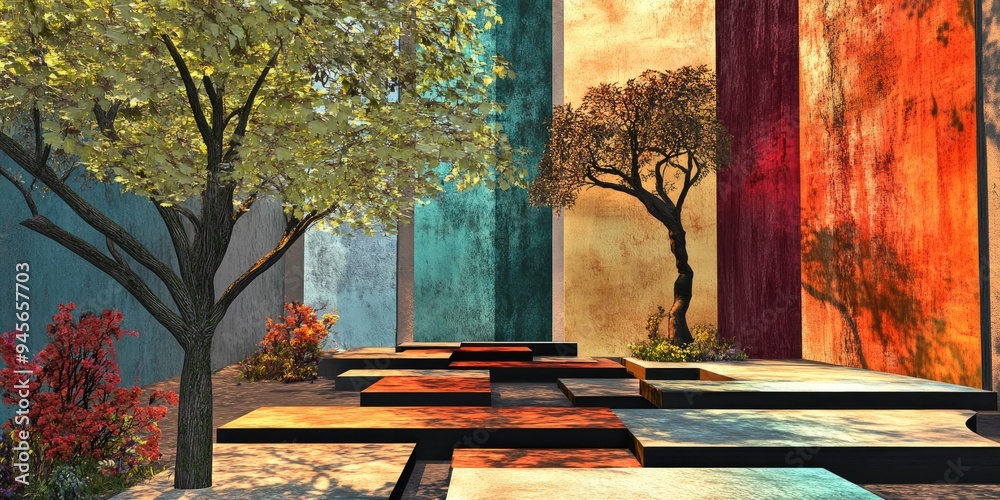 Poster a collection of 3d rendered platforms featuring vibrant multi material back walls and tree silhouett
