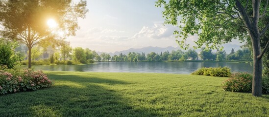 Obraz premium Green grassy meadow landscape with a garden and a lake view 3D illustration rendering of the scene