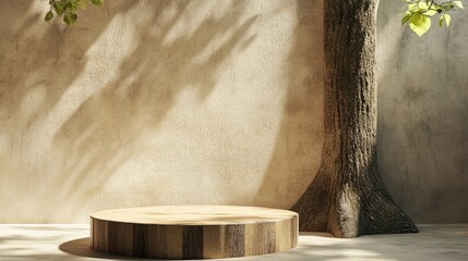 Podium backdrop featuring a tree trunk as a support element illustrating a natural theme 3D rendering