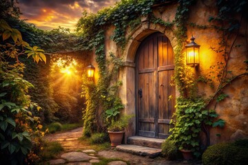 Fototapeta premium Whimsical twilight dreamscapes of rustic doorways with vines, warm golden light, soft focus, mystical ambiance, earthy tones, and forgotten memories, evoking nostalgia and melancholy.