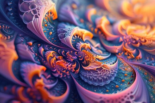 intricate fractal designs that showcase repeating geometric patterns with increasing complexity.  vibrant color gradients, sharp angles, and organic forms to give a sense of infinite depth and harmony