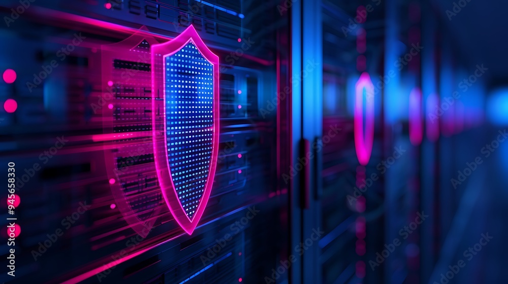 Poster digital data protection concept with illuminated shield icon on a server rack in a secure data cente