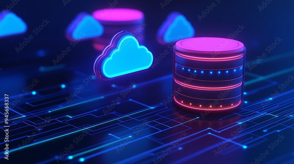 Poster digital data storage concept illustrating cloud computing and database technology in a futuristic se