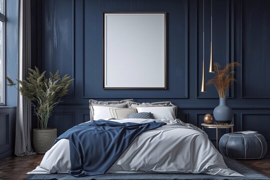 A stylish dark blue bedroom interior with a cozy atmosphere, featuring a framed mockup on the wall above a soft, elegant bed with plush pillows and a velvet throw. The walls are painted in a deep blue