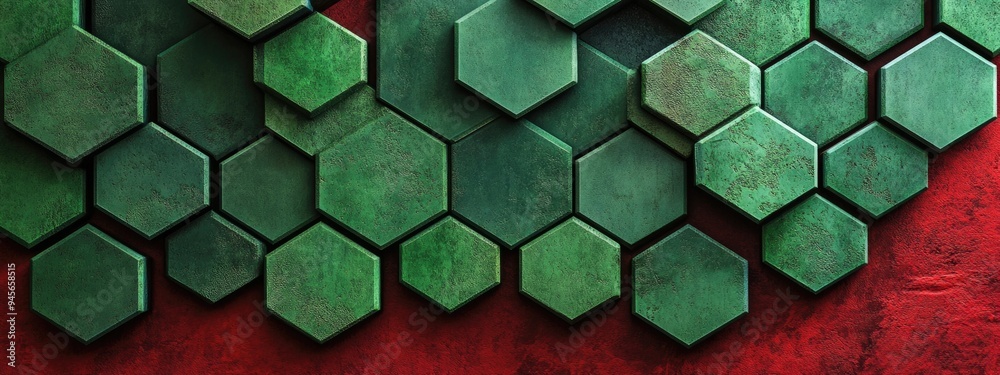 Poster Green hexagonal granite pattern on a red backdrop minimalistic 3D rendering