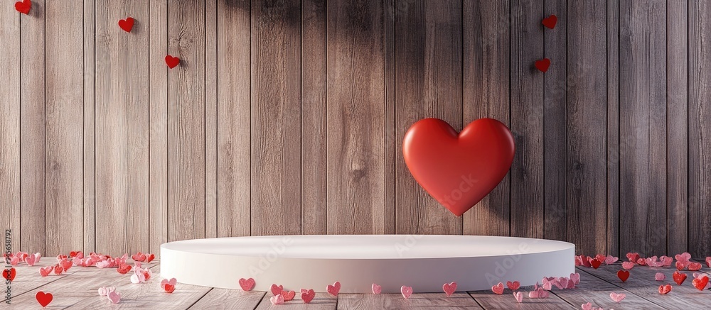 Poster white podium with valentine s day love theme featuring red heart against a wooden wall background fo