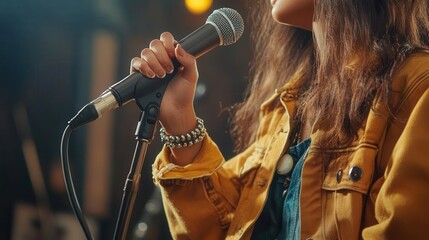 Close-up of a woman singing into a microphone on stage.