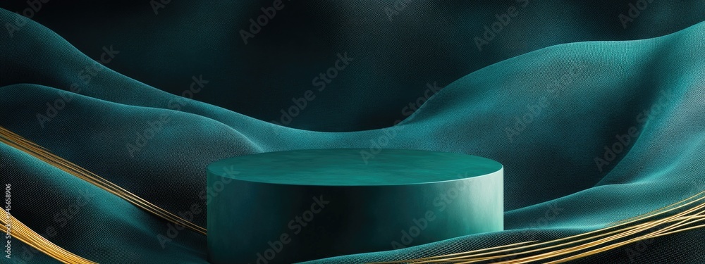 Wall mural dark teal and aqua blue 3d rendering of a minimal luxury cylinder podium on a wavy textile backgroun