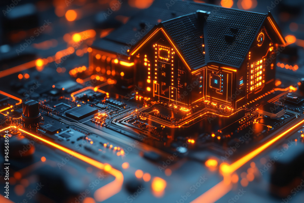 Poster abstract smart home technology with interconnected devices and sleek lines,